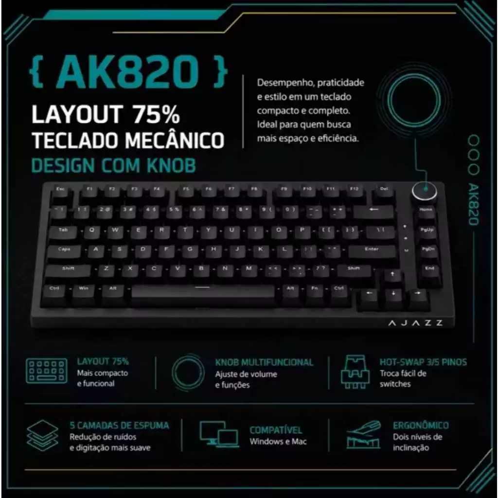 br-11134207-820l7-msctfd2blfd394 Teclado Gamer Mecânico AJAZZ AK820 USB-C RGB: compacto, bonito e pronto para o seu setup
